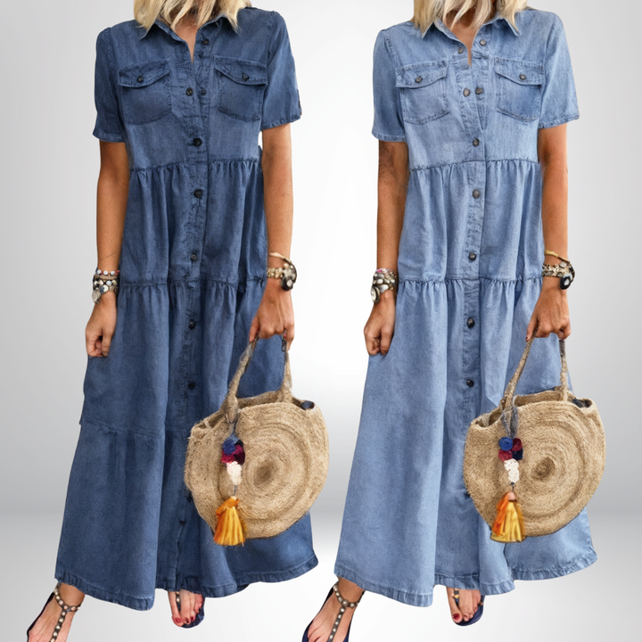 Marigold | Women's Denim Tiered Shirt Maxi Dress