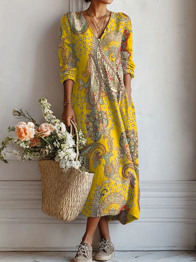 Marigold | Women's Linen V-Neck Paisley Print Maxi Dress