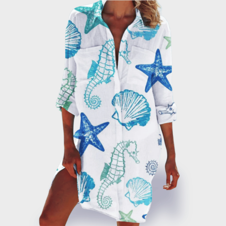 Marina | Women's Cotton Printed Button-Down Shirt Dress