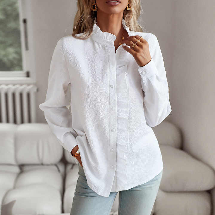 Marlowe | Women's Cotton Ruffle-Trim Long-Sleeve Blouse