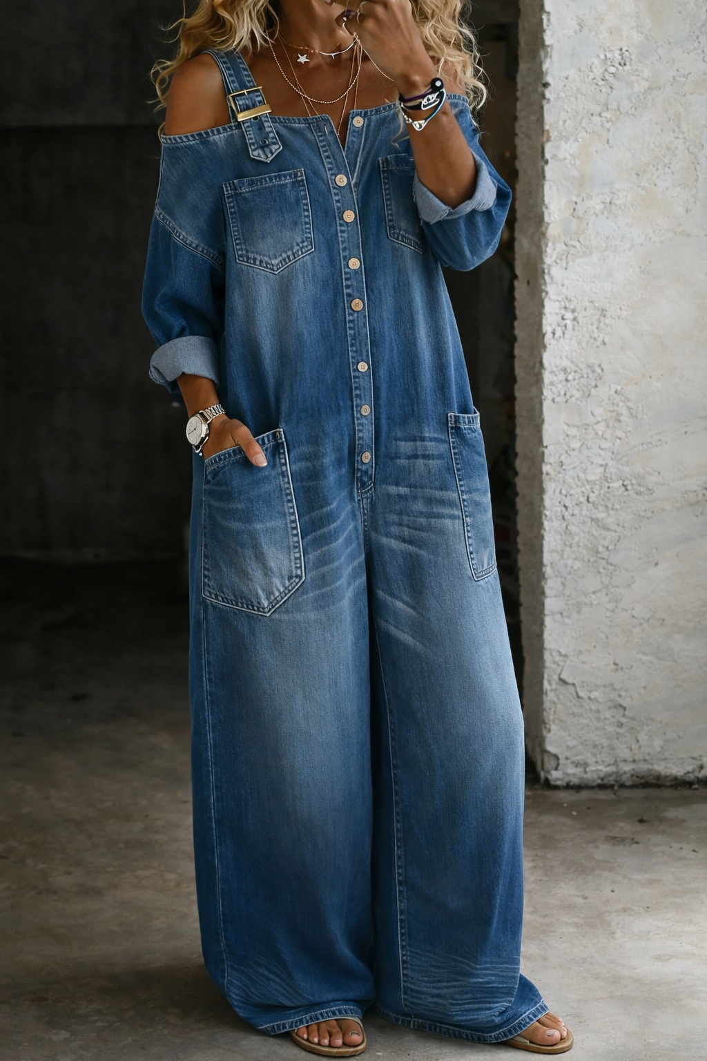 Marlowe | Women's Denim Wide-Leg Buckle-Strap Jumpsuit