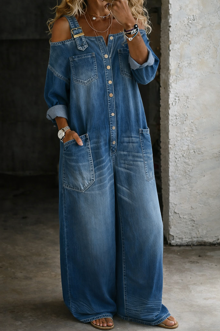 Marlowe | Women's Denim Wide-Leg Buckle-Strap Jumpsuit