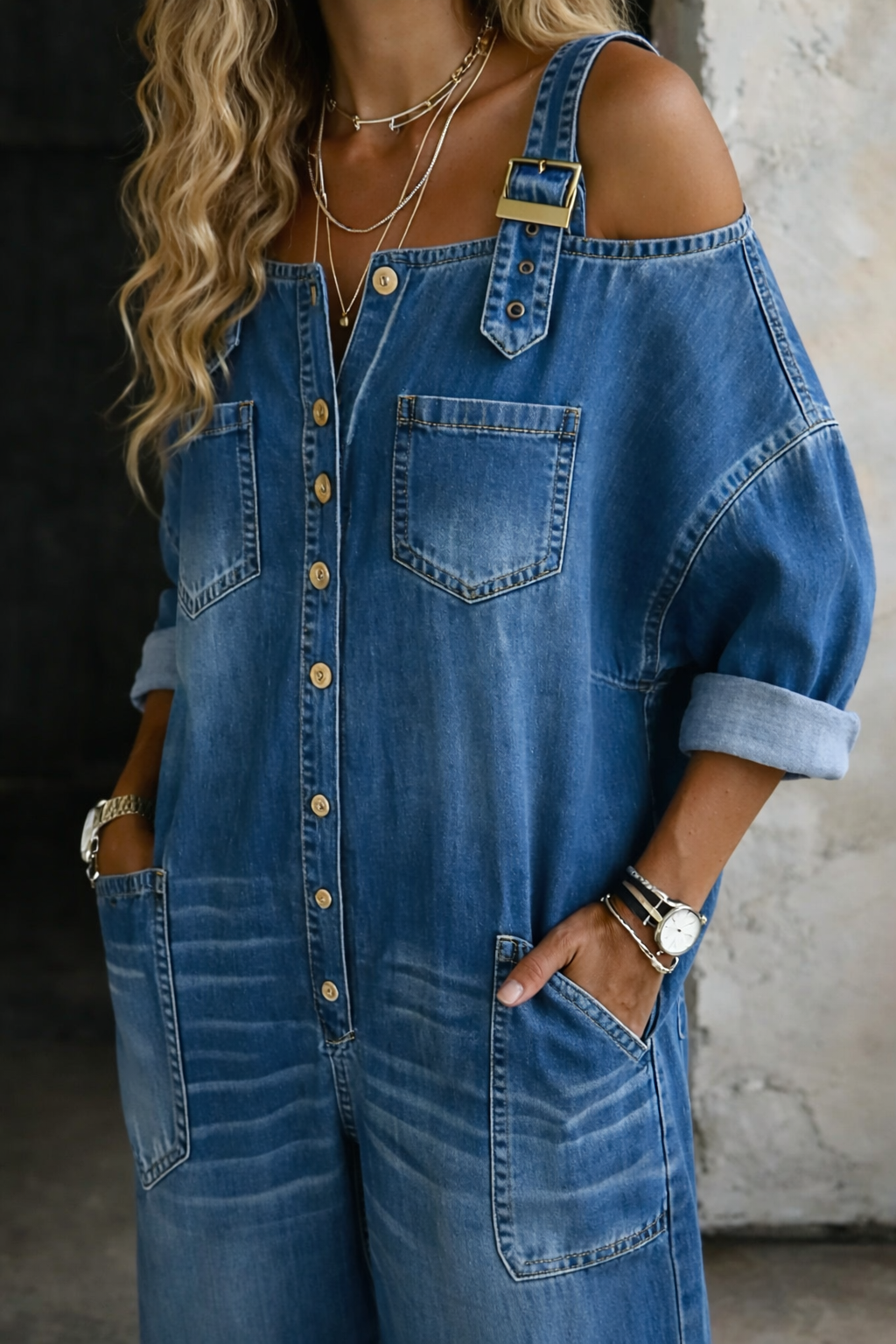 Marlowe | Women's Denim Wide-Leg Buckle-Strap Jumpsuit