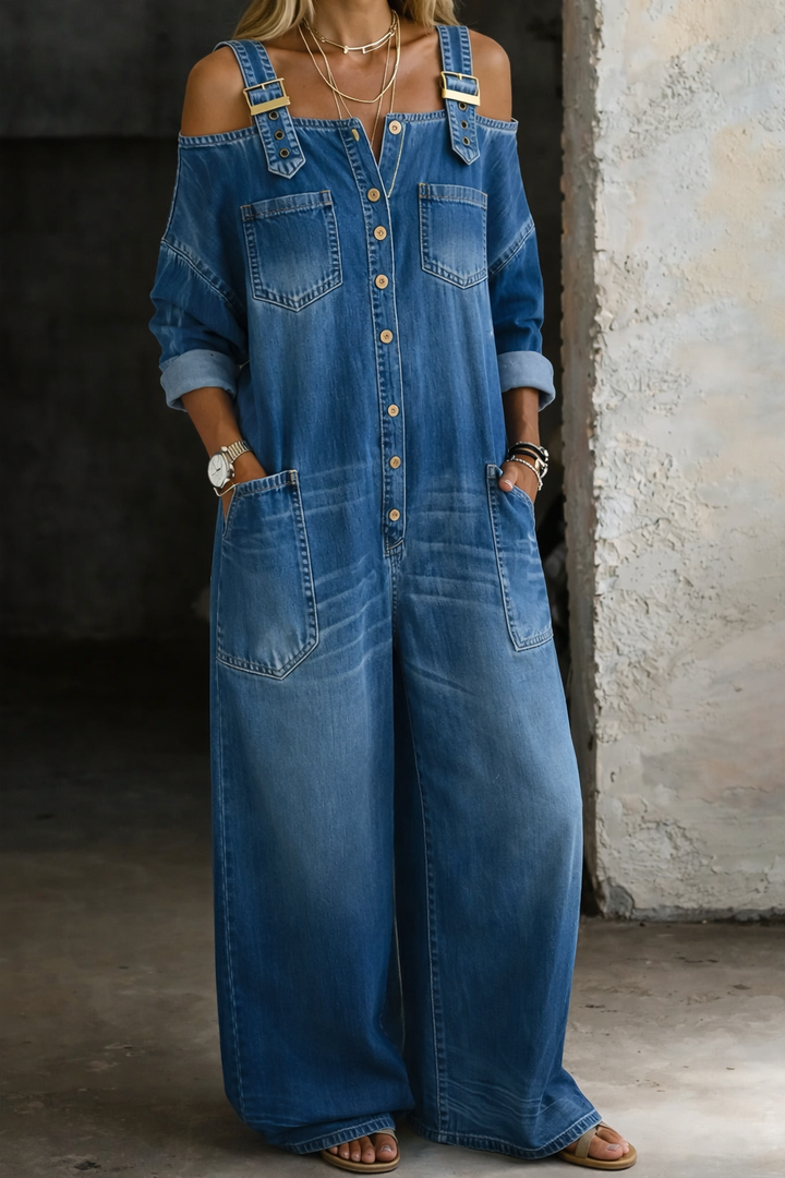 Marlowe | Women's Denim Wide-Leg Buckle-Strap Jumpsuit