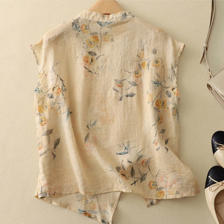 Marlowe | Women's Linen Floral Print Mandarin Collar Sleeveless Top