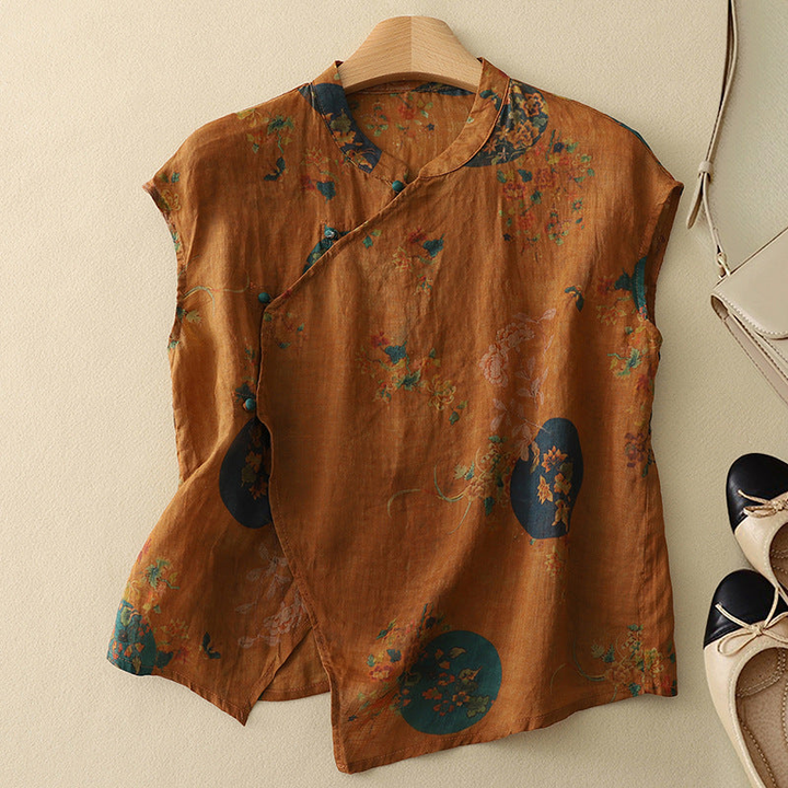 Marlowe | Women's Linen Floral Print Mandarin Collar Sleeveless Top