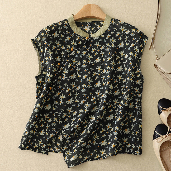 Marlowe | Women's Linen Floral Print Mandarin Collar Sleeveless Top