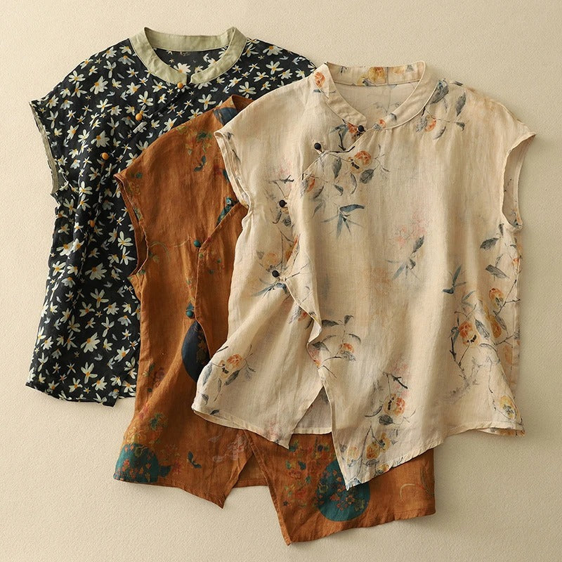 Marlowe | Women's Linen Floral Print Mandarin Collar Sleeveless Top