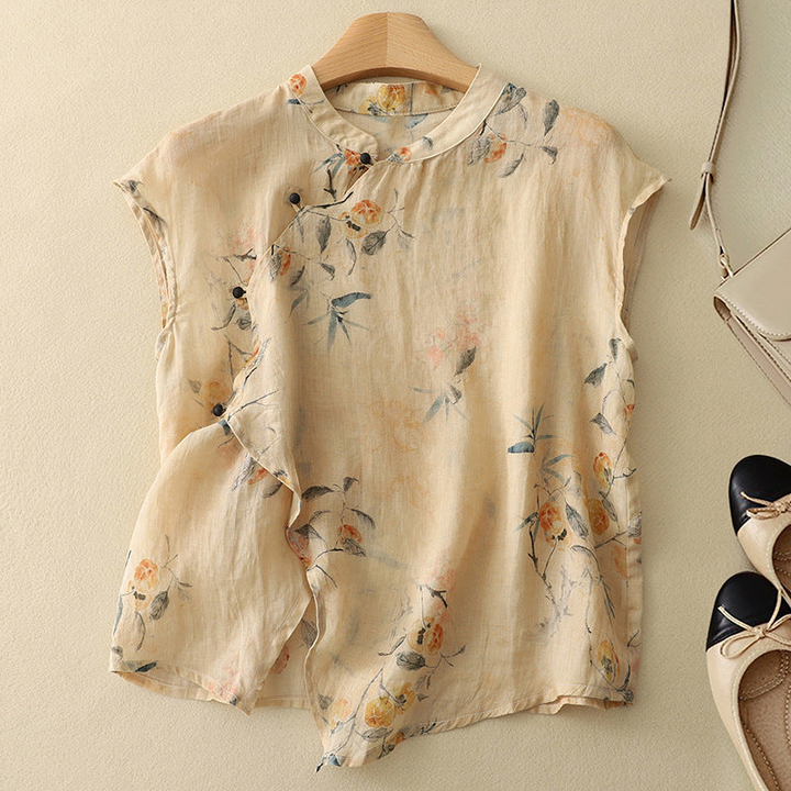 Marlowe | Women's Linen Floral Print Mandarin Collar Sleeveless Top
