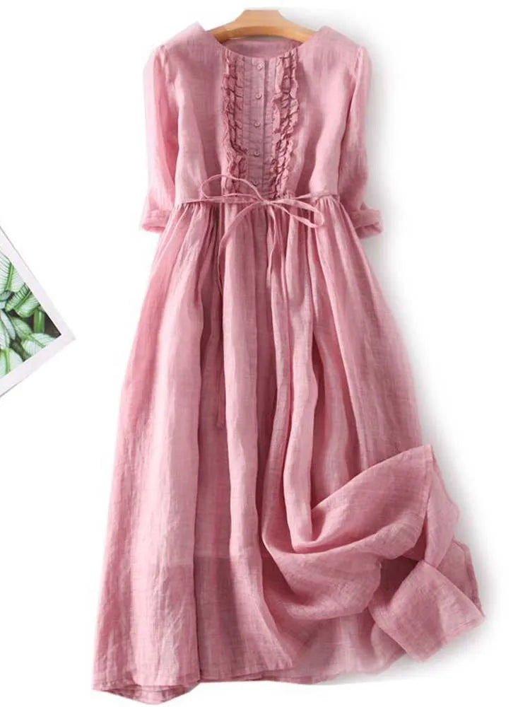 Marlowe | Women's Linen Ruffle-Front Tie-Waist Maxi Dress