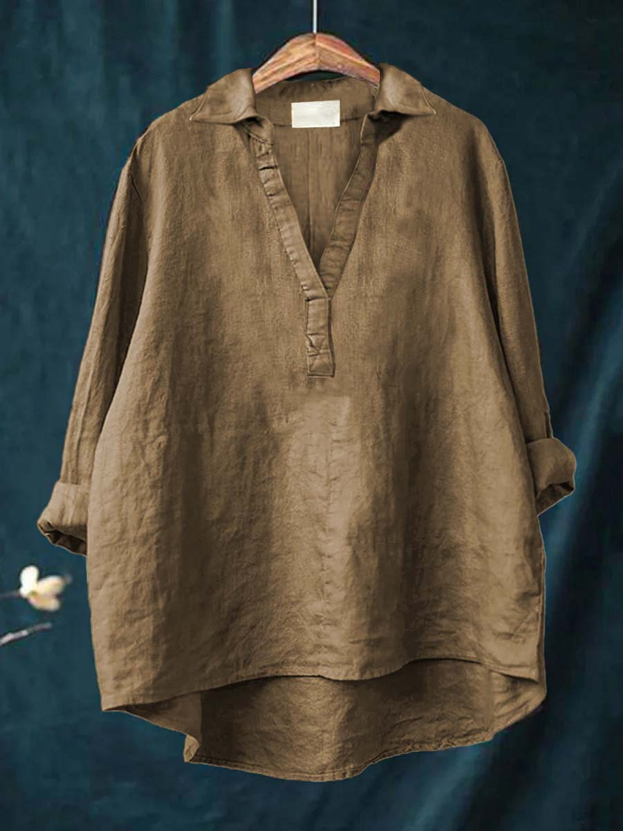 Marlowe | Women's Linen V-Neck Collared Tunic Blouse