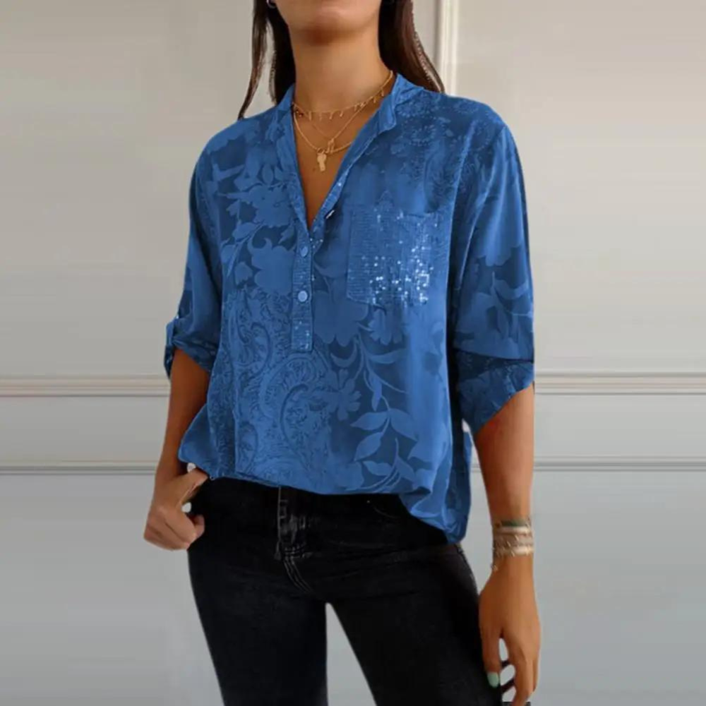 Marlowe | Women's Linen V-Neck Pocket Long Sleeve Shirt