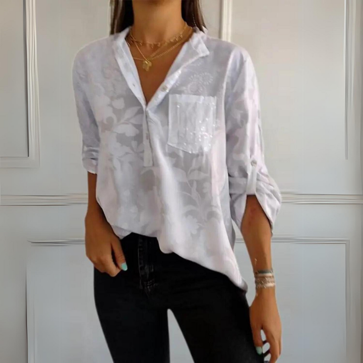 Marlowe | Women's Linen V-Neck Pocket Long Sleeve Shirt