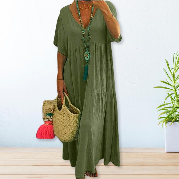 Marlowe | Women's Linen V-Neck Short Sleeve Tiered Maxi Dress