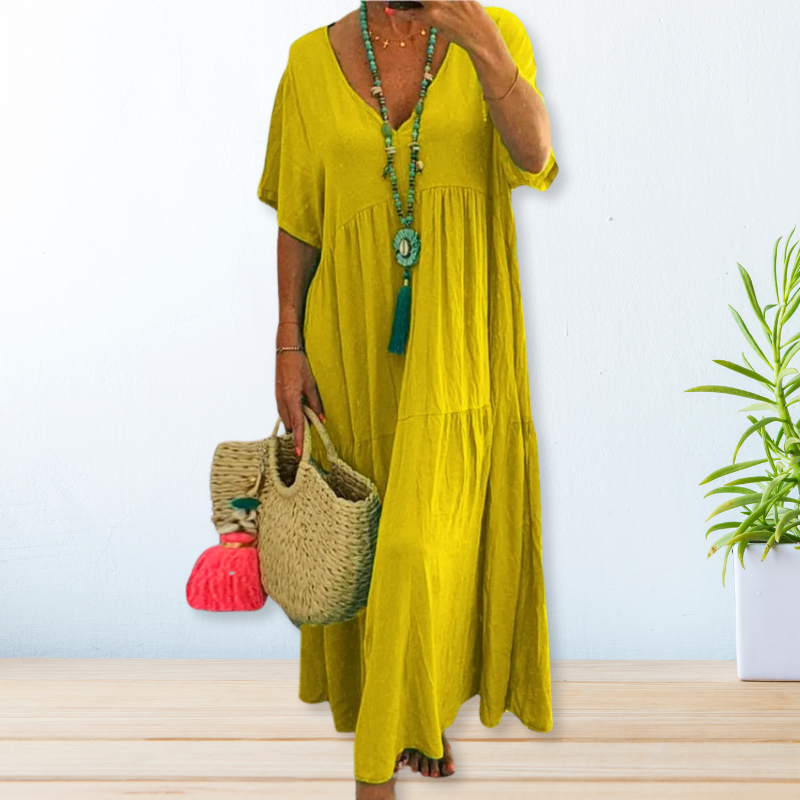 Marlowe | Women's Linen V-Neck Short Sleeve Tiered Maxi Dress