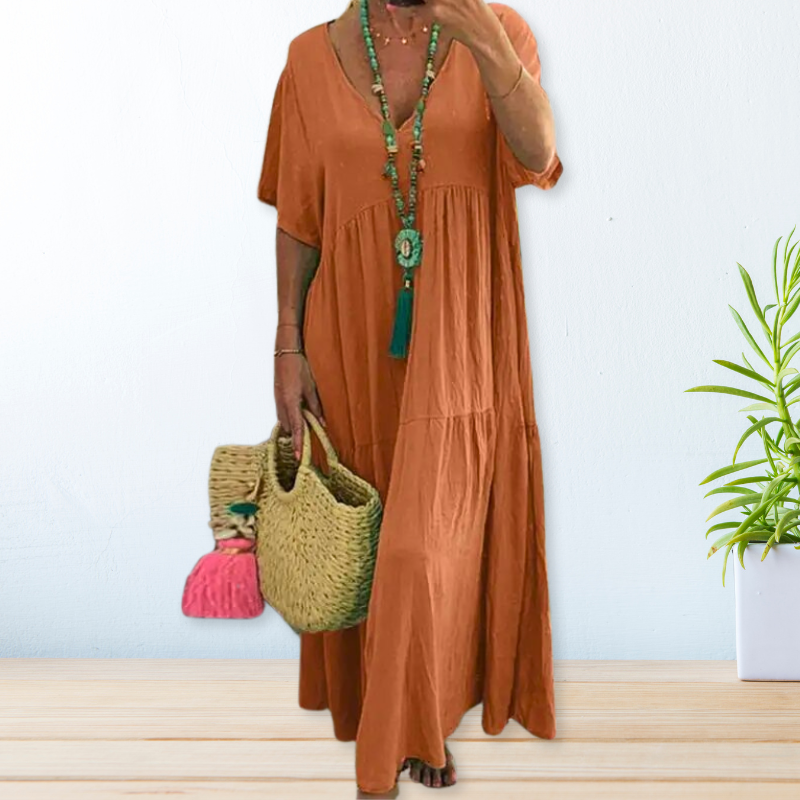 Marlowe | Women's Linen V-Neck Short Sleeve Tiered Maxi Dress