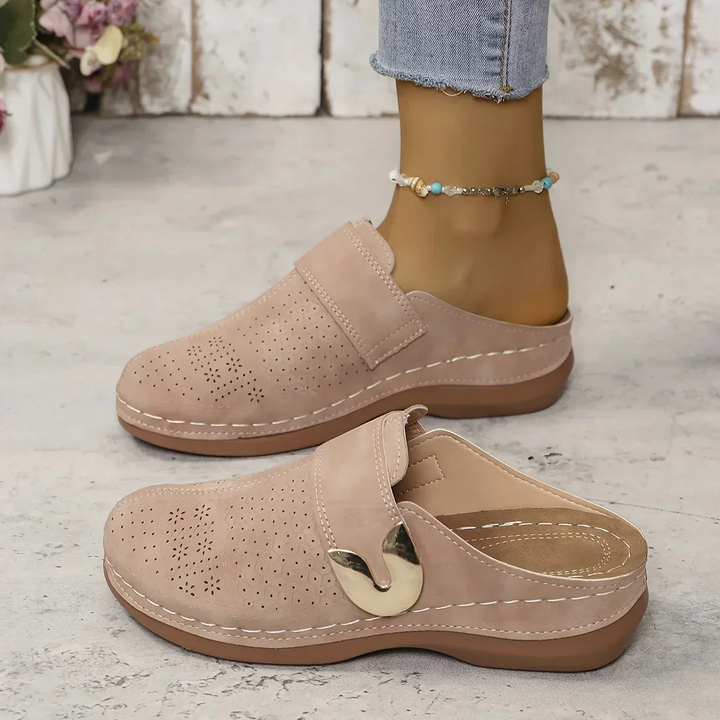 Marlowe | Women's Suede Perforated Buckle Slip On Flat Mules