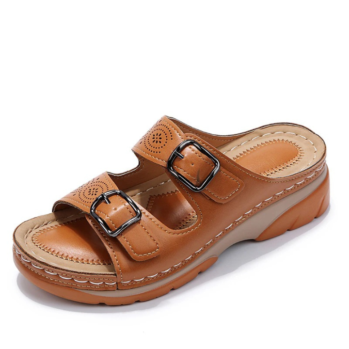 Masey | Women's Leather Dual-Strap Buckle Wedge Slide Sandals
