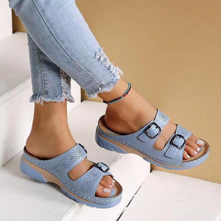 Masey | Women's Leather Dual-Strap Buckle Wedge Slide Sandals