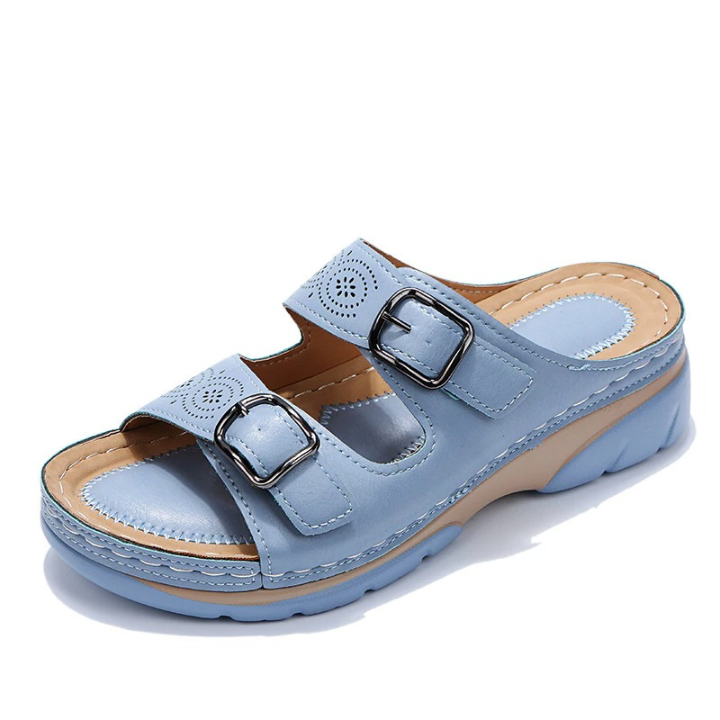 Masey | Women's Leather Dual-Strap Buckle Wedge Slide Sandals