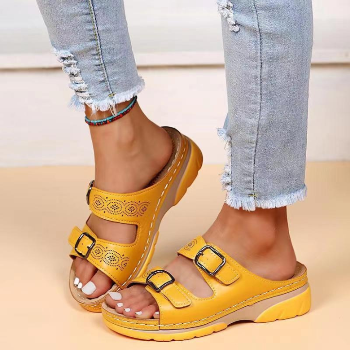 Masey | Women's Leather Dual-Strap Buckle Wedge Slide Sandals