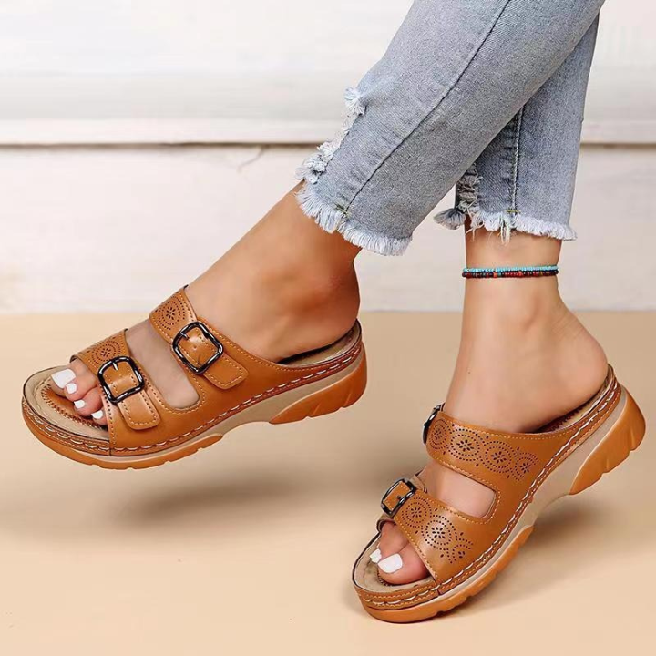 Masey | Women's Leather Dual-Strap Buckle Wedge Slide Sandals