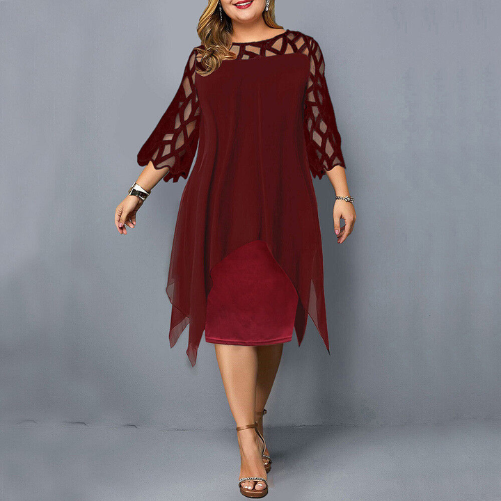 Maxine | Women's Chiffon Mesh-Sleeve Layered Midi Dress Elegant
