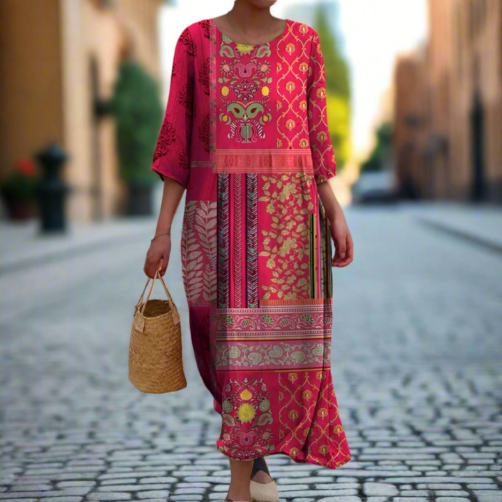 Mette | Women's Cotton Boho Print Round Neck 3/4 Sleeve Maxi Dress