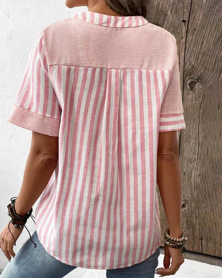 Mette | Women's Cotton Pintuck Pleat Henley Short Sleeve Top