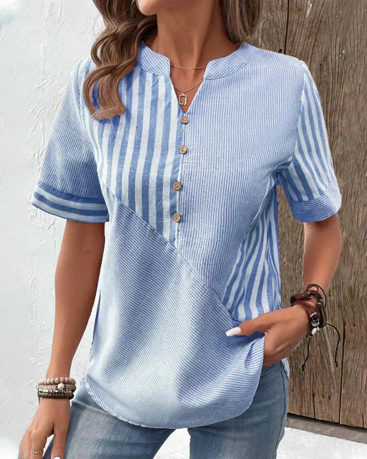 Mette | Women's Cotton Pintuck Pleat Henley Short Sleeve Top