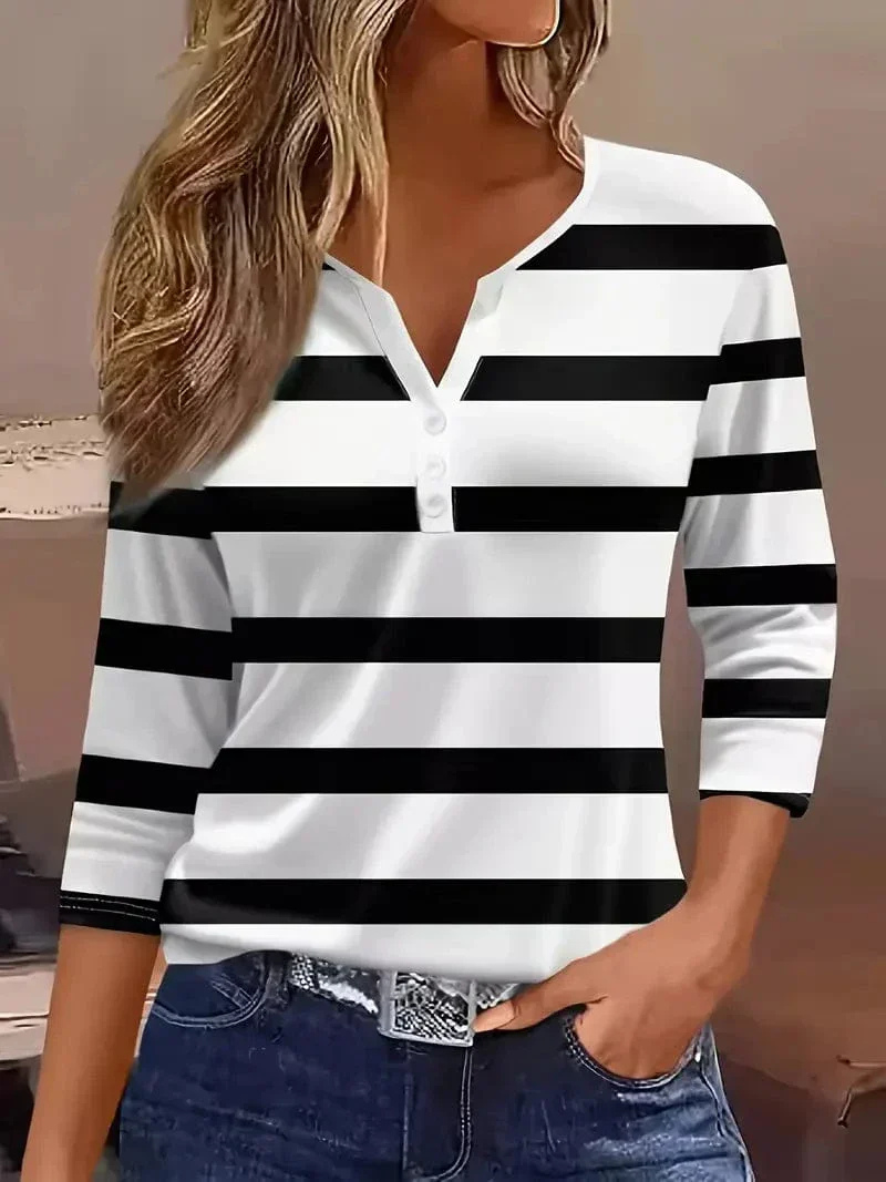 Mette | Women's Cotton Stripe V-Neck Button Casual Top