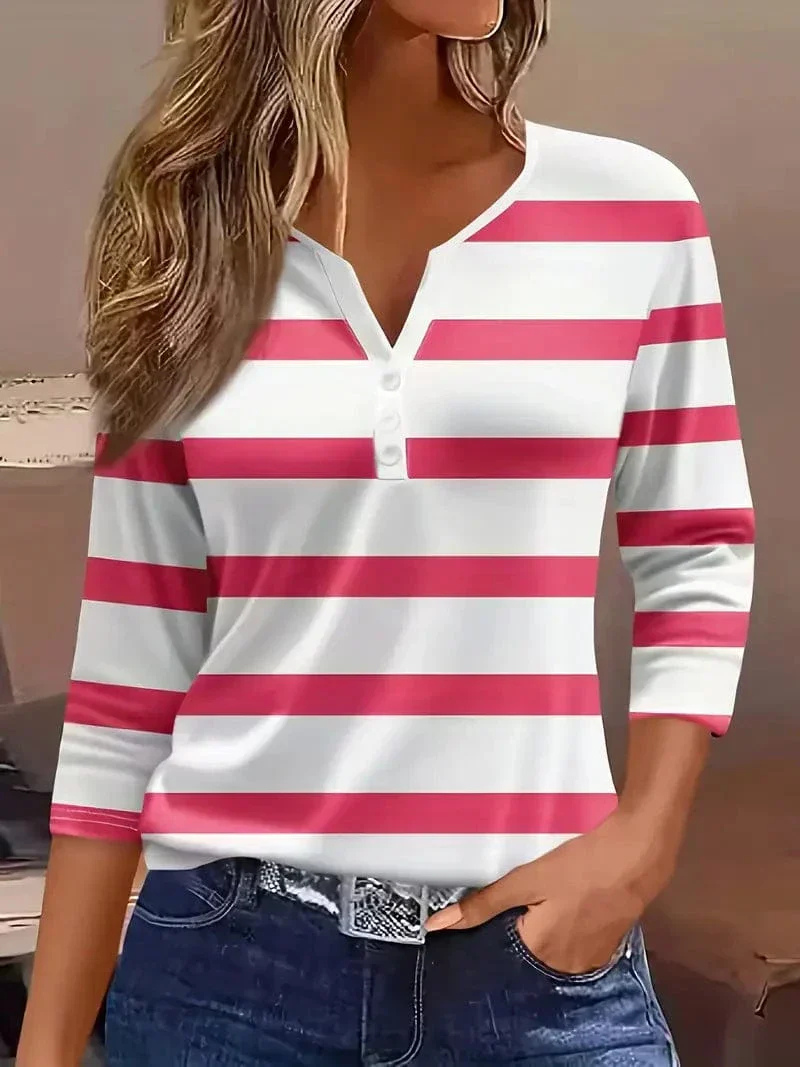 Mette | Women's Cotton Stripe V-Neck Button Casual Top