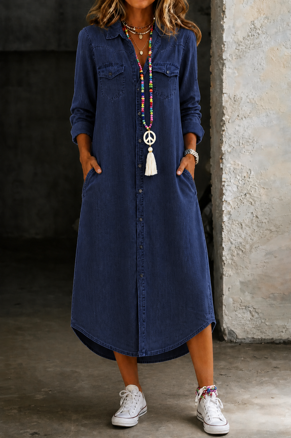 Mette | Women's Denim Button-Down Midi Shirt Dress
