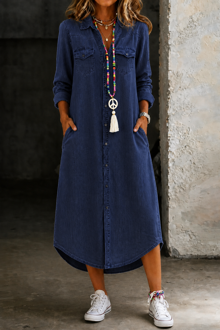 Mette | Women's Denim Button-Down Midi Shirt Dress