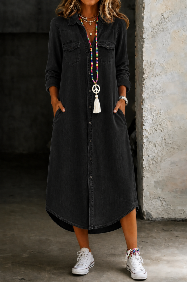 Mette | Women's Denim Button-Down Midi Shirt Dress