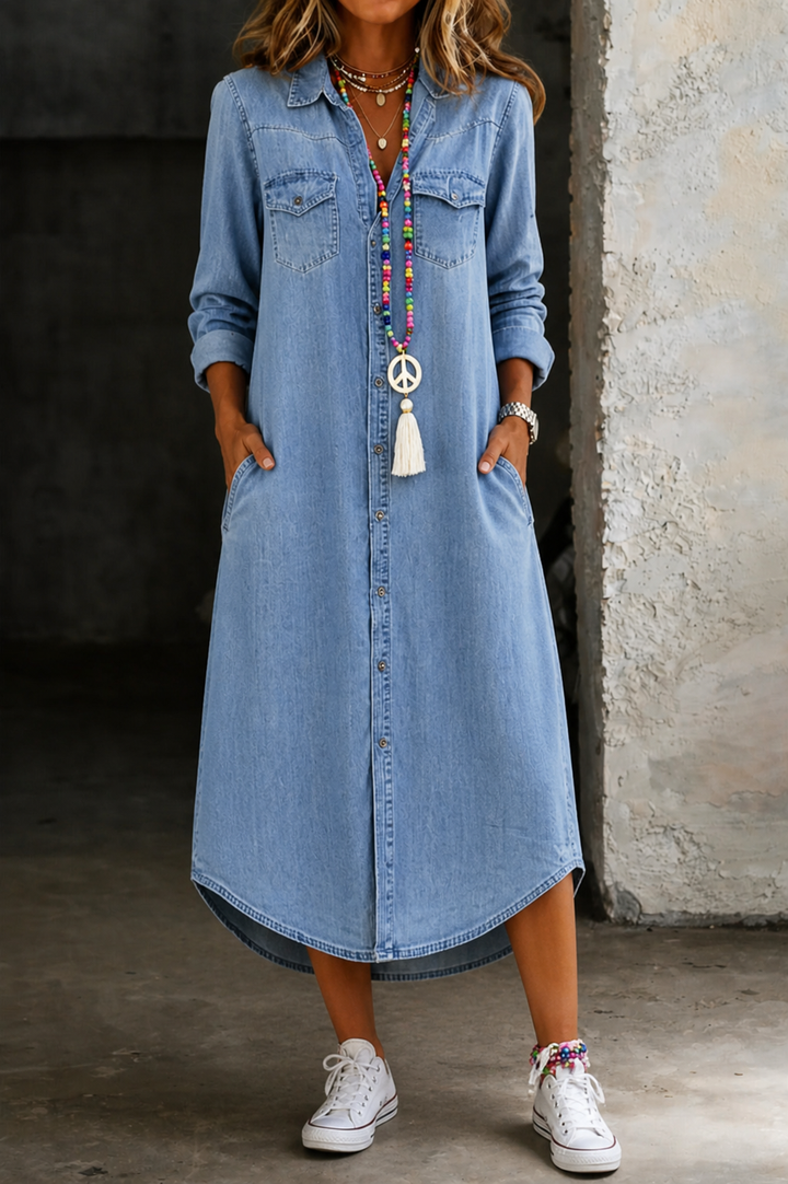 Mette | Women's Denim Button-Down Midi Shirt Dress