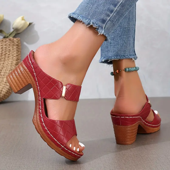 Mette | Women's Leather Open-Toe Block Heel Buckle Sandals