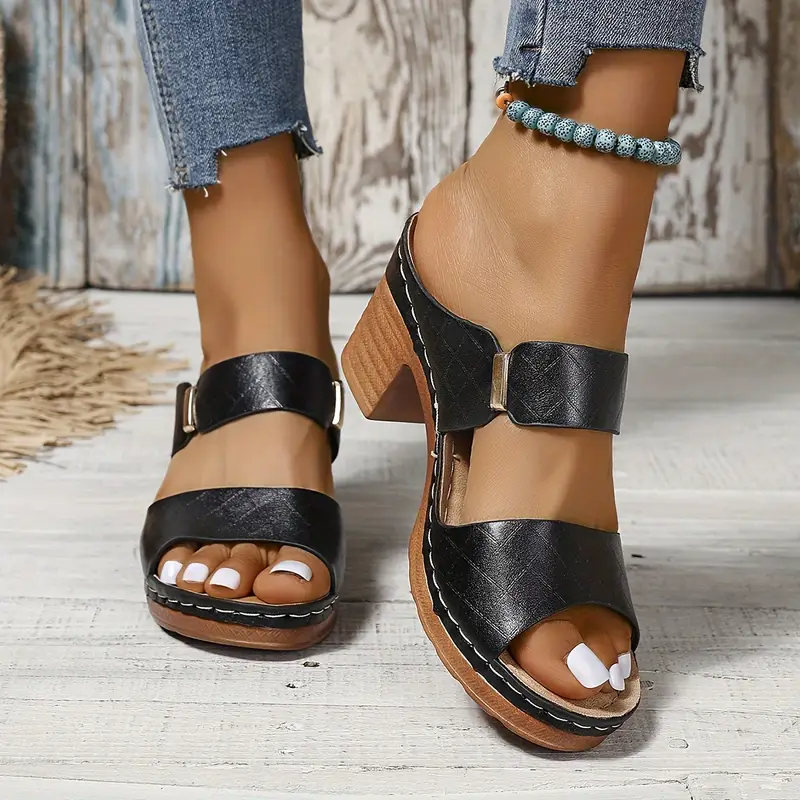 Mette | Women's Leather Open-Toe Block Heel Buckle Sandals