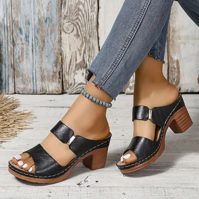Mette | Women's Leather Open-Toe Block Heel Buckle Sandals