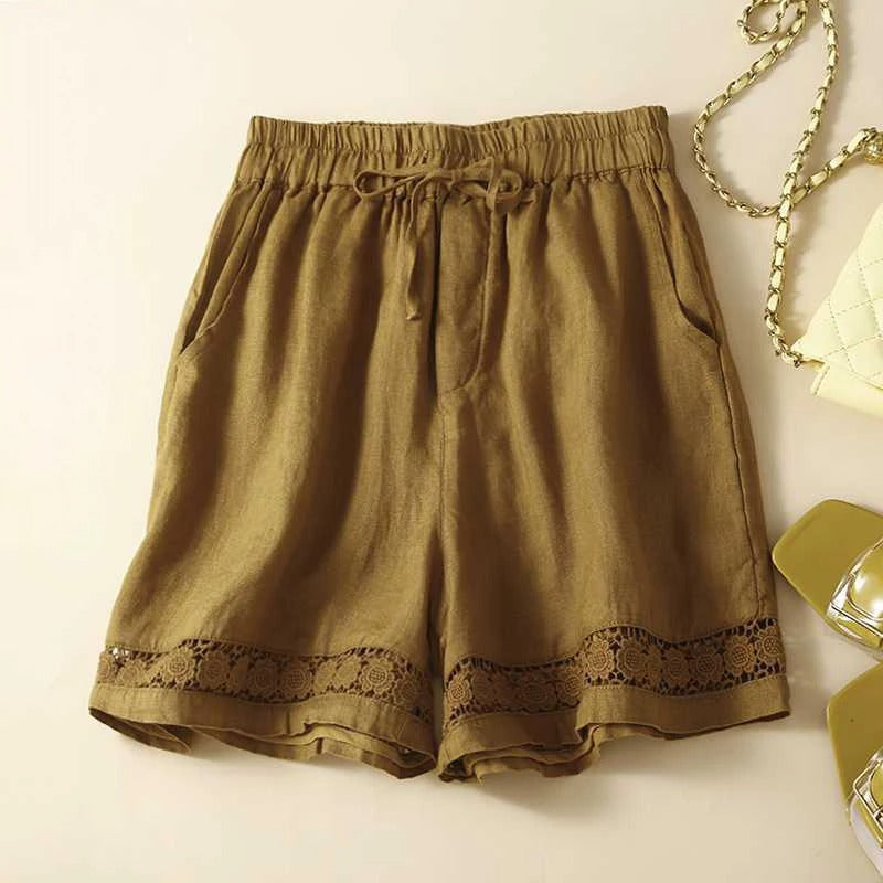 Mette | Women's Linen Lace Trim Casual Drawstring Shorts