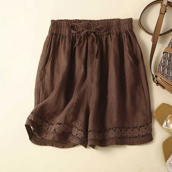 Mette | Women's Linen Lace Trim Casual Drawstring Shorts