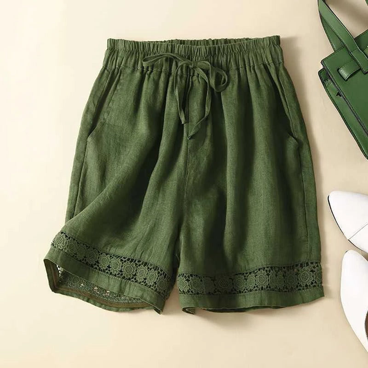Mette | Women's Linen Lace Trim Casual Drawstring Shorts