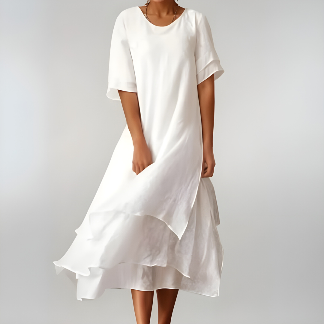 Mette | Women's Linen Short-Sleeve Tiered Ruffle Midi Dress