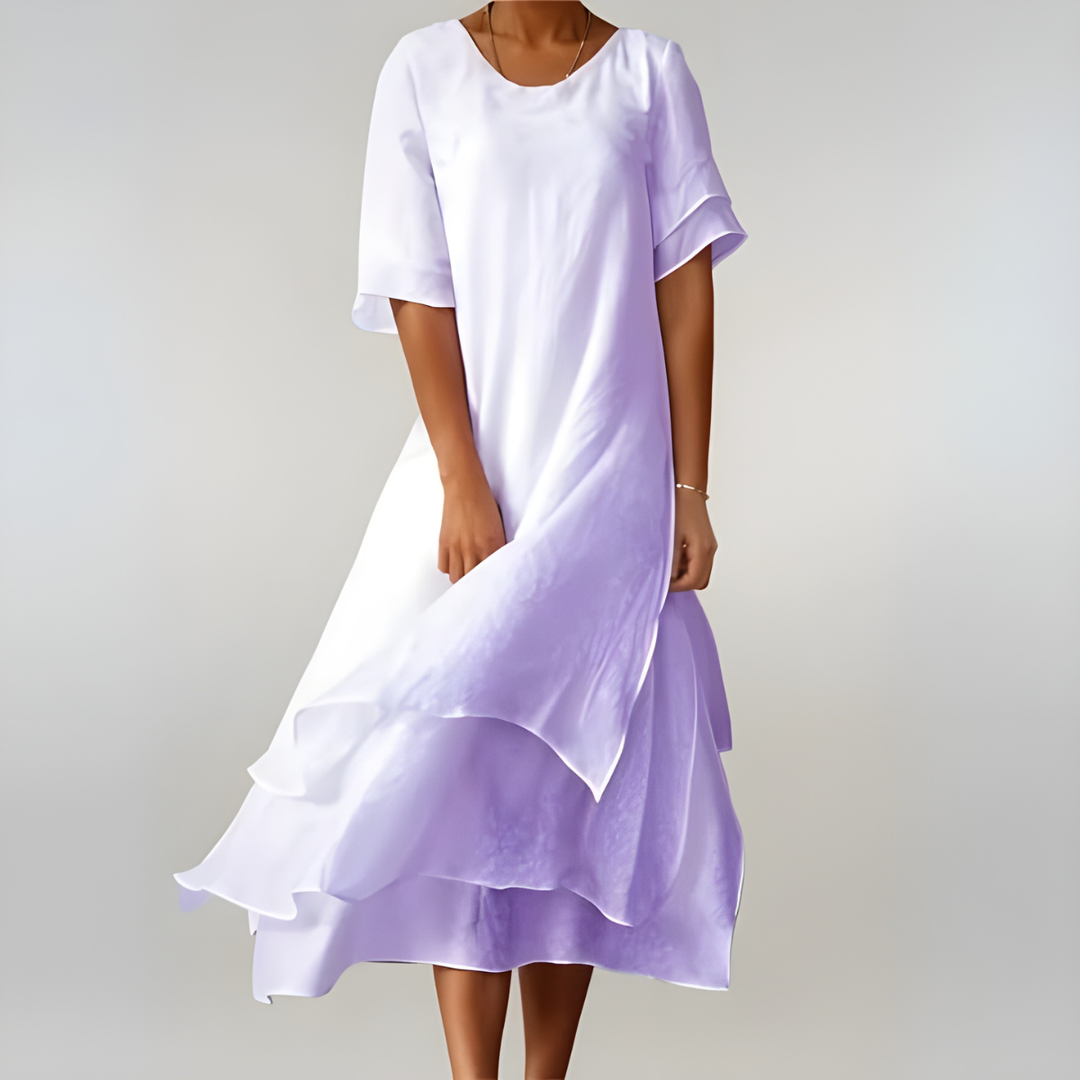 Mette | Women's Linen Short-Sleeve Tiered Ruffle Midi Dress