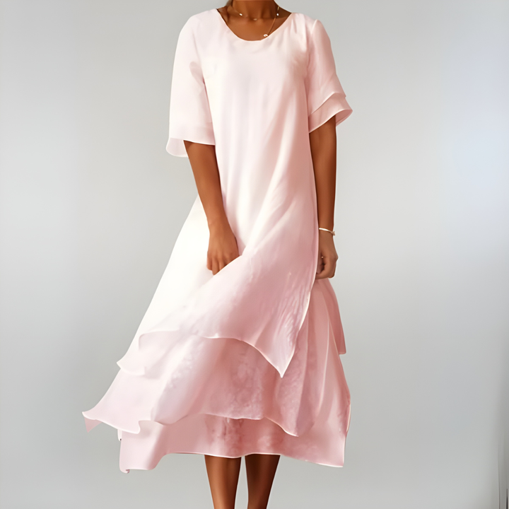 Mette | Women's Linen Short-Sleeve Tiered Ruffle Midi Dress
