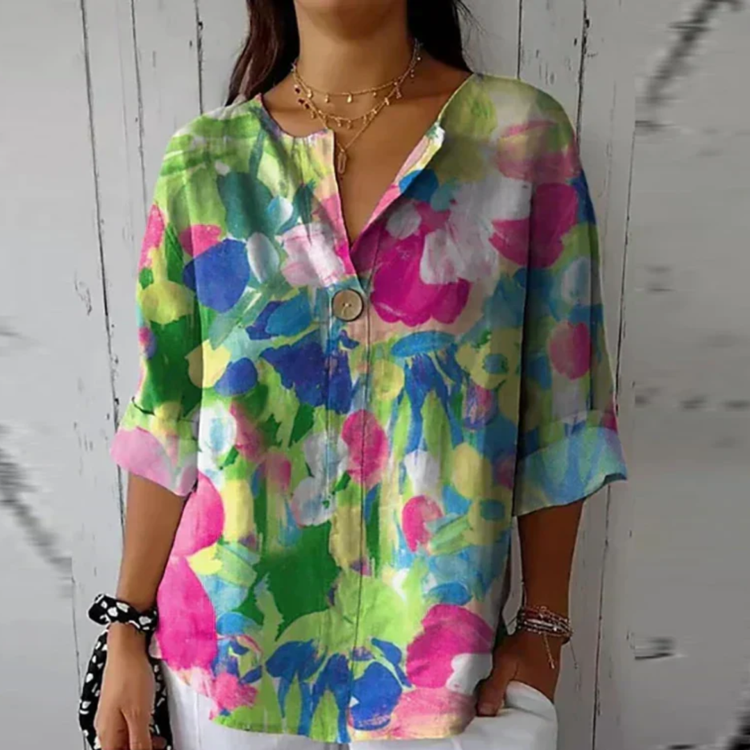 Mette | Women's Silk Floral Print V-Neck Relaxed Blouse