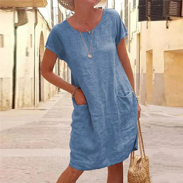 Mila | Women's Linen Short Sleeve Relaxed Pocket Shift Dress