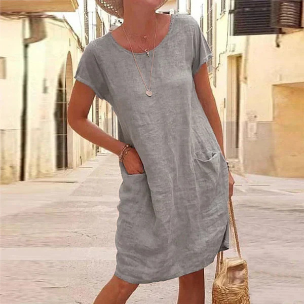 Mila | Women's Linen Short Sleeve Relaxed Pocket Shift Dress