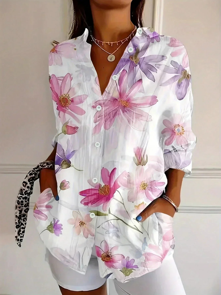 Mira | Women's Cotton Abstract Floral Print Button-Down Blouse