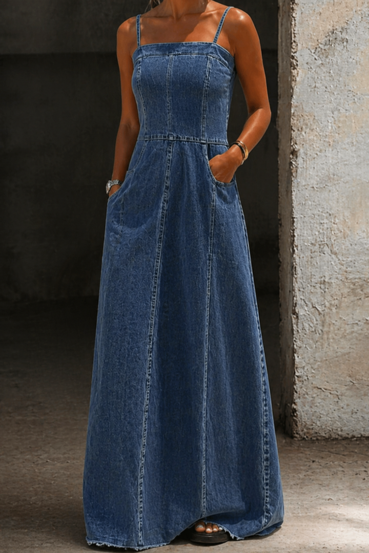 Monroe | Women's Denim Spaghetti Strap A-Line Maxi Dress